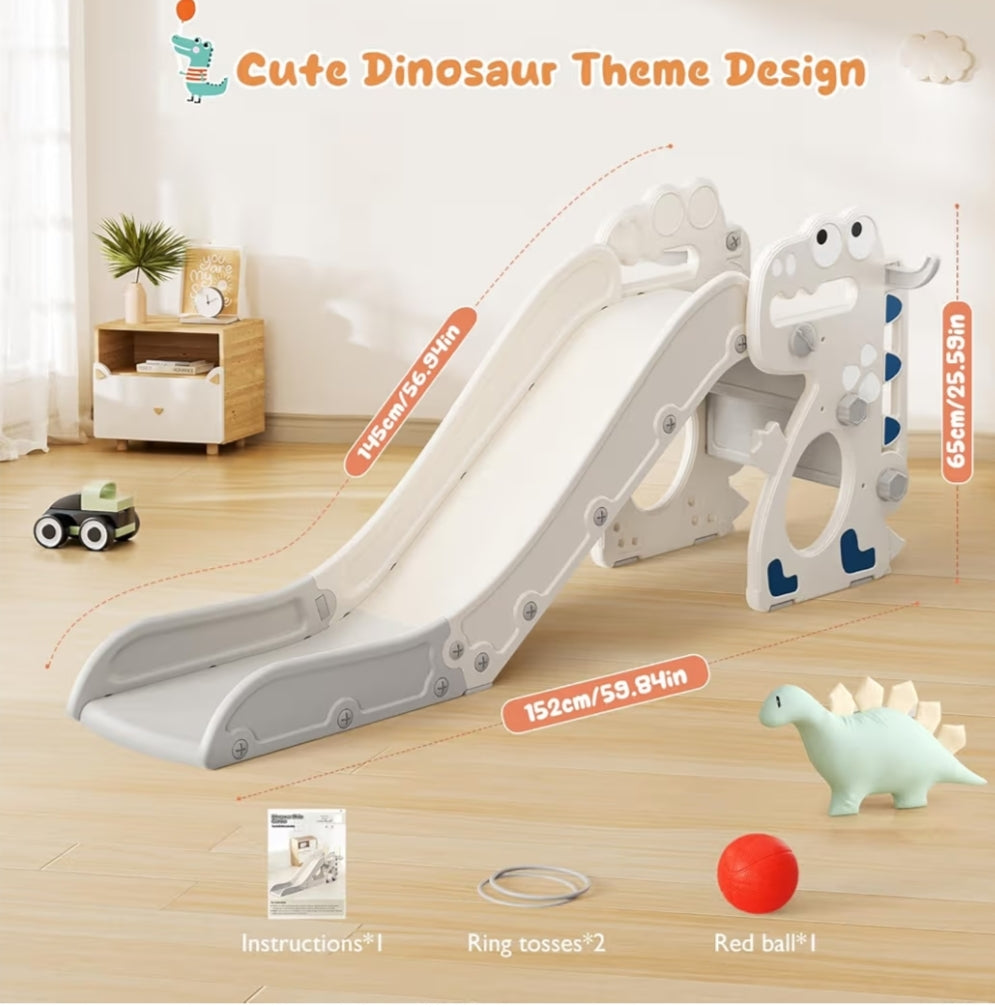 Toddler Slide, Small Dinosaur Single Slide with Ball Frame, Ring,