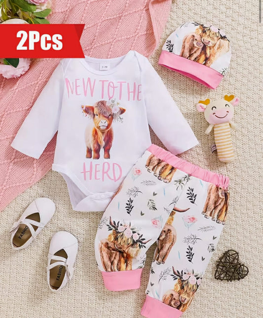 New to the Herd Newborn Boy Girl Bodysuit Onesie Highland Cow Jogger Pants Hats Western Coming Home Cute Fall Outfit