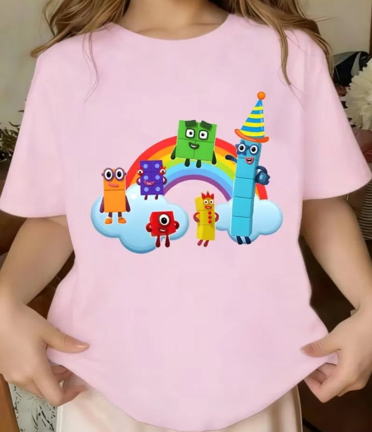 Numberblos Cartoon Character Birthday Party Themed Print Tee with Rainbow Cloud Background, Cute Block-Shaped