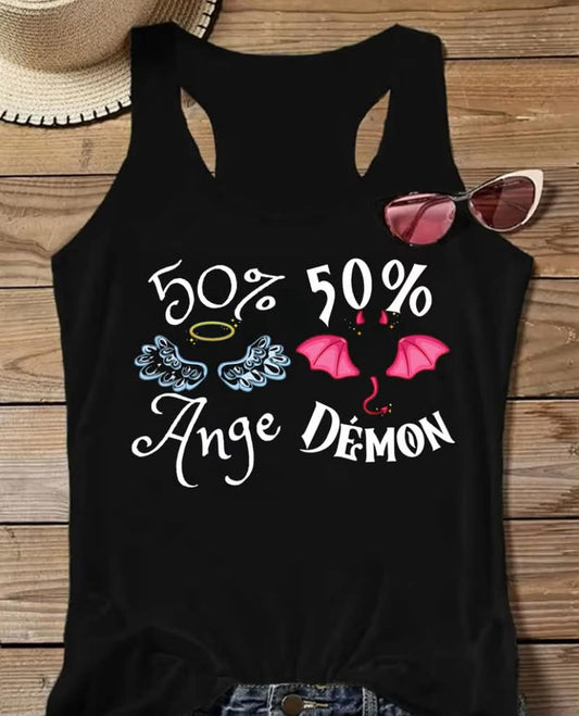Women's Black Sleeveless Tank Top/Contrasting Cute Style 50 Angel 50 Demon Angel and Demon Wing Pattern Print/