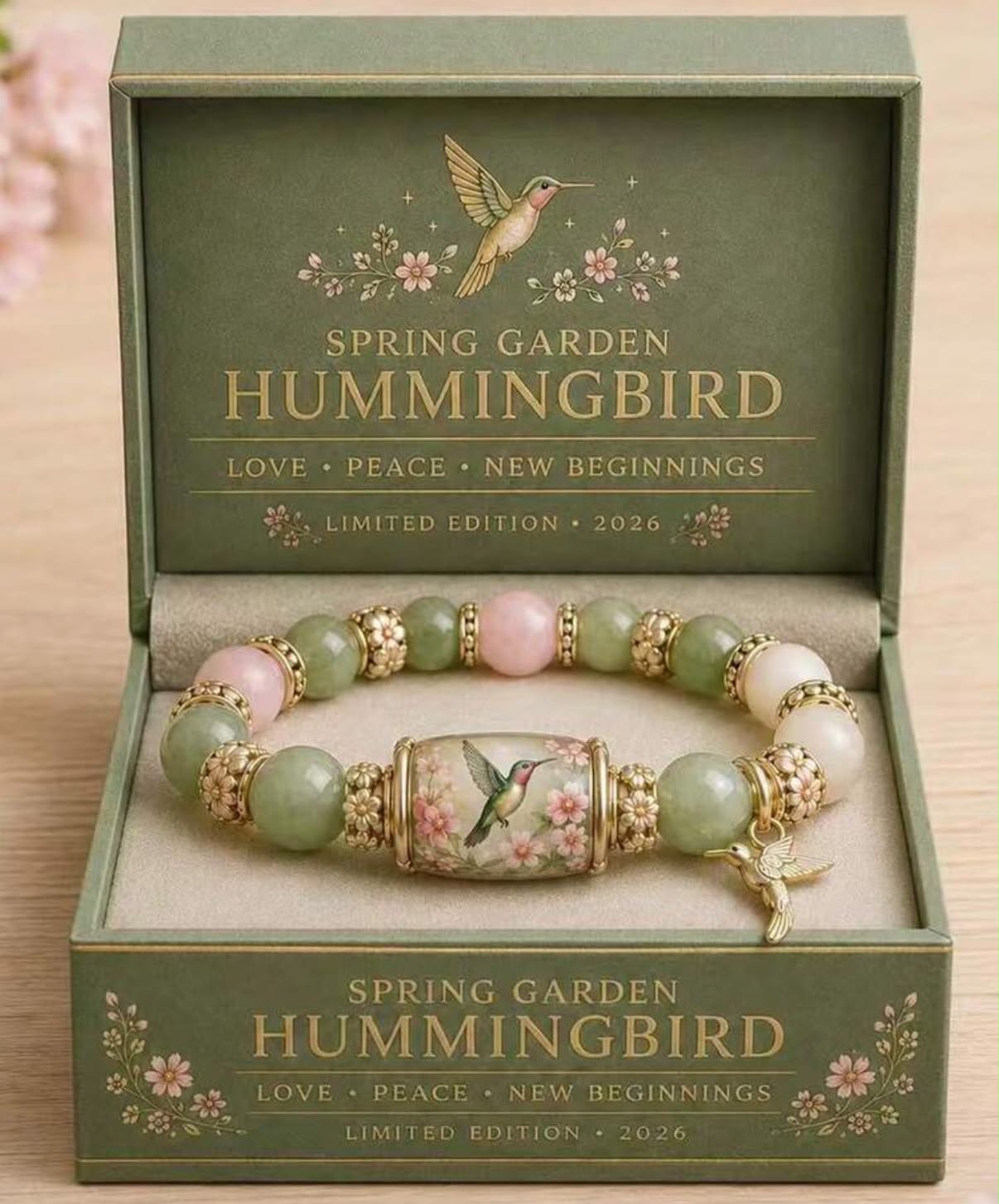 1pc Women's Spring Garden Hummingbird Beaded Bracelet, Vintage Gold Wire Green Jade & Pink Quartz Elastic Charm Bracelet, Pastoral Style Lucky Jewelry With Gift Box, Exclusive Gift For Her