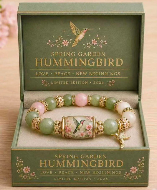 1pc Women's Spring Garden Hummingbird Beaded Bracelet, Vintage Gold Wire Green Jade & Pink Quartz Elastic Charm Bracelet, Pastoral Style Lucky Jewelry With Gift Box, Exclusive Gift For Her