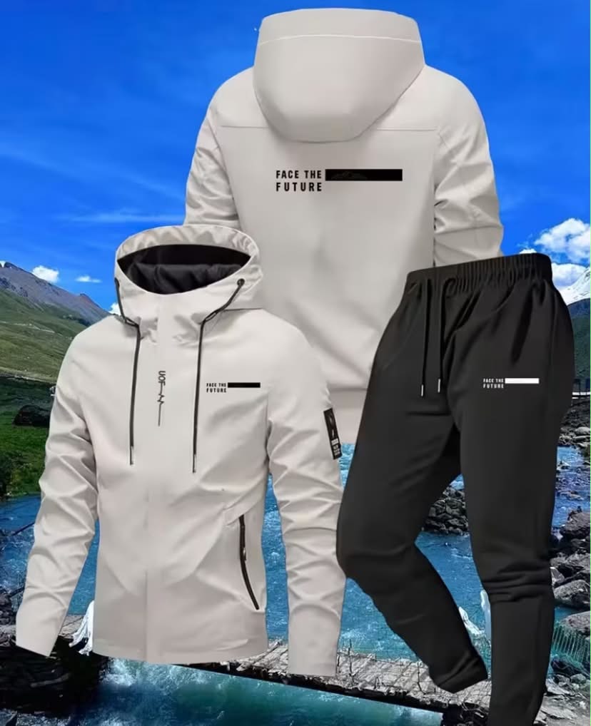 Men'S Outdoor Hiking Jacket And Pants Set Breathable, Durable, Softshell with Hood, Non-Stretch Fabric, Featuring Zipper Details