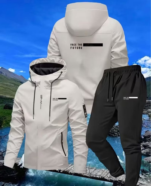 Men'S Outdoor Hiking Jacket And Pants Set Breathable, Durable, Softshell with Hood, Non-Stretch Fabric, Featuring Zipper Details