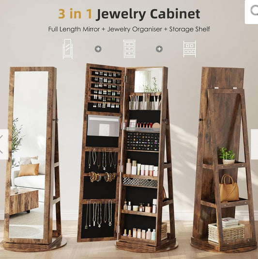 3 in 1 Jewellery Cabinet Mirror - Rustic Brown