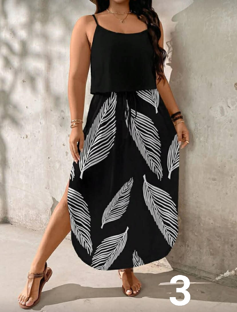 EMERY ROSE Black & White Leaf Print Plus Size Dress, Suitable For Summer Vacation,Summer Dresses For Women,Maxi Dress Chic Dress,Flower/Spring