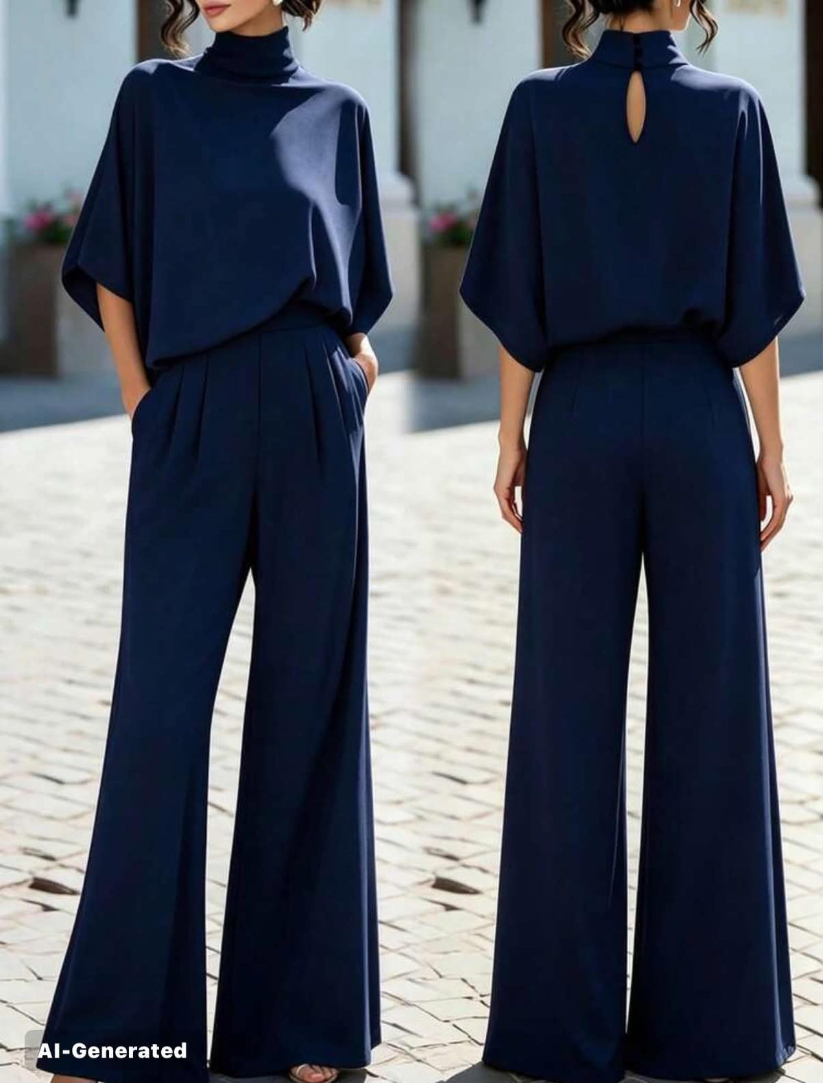 Two Pieces Set Half-High Neck Knitted Top Set, High-Waist Straight Wide-Leg Pants,