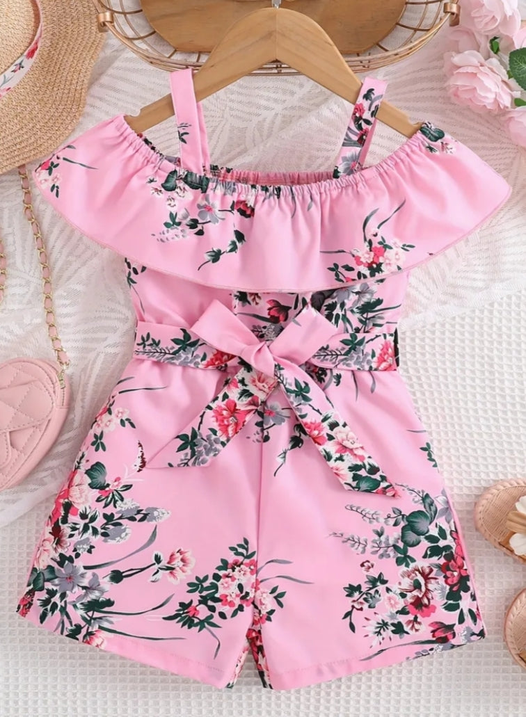 Girls' Off-Shoulder Floral Print Jumpsuit with Ruffled Sleeves & Waist Bow - Vibrant Pink & Green Summer Casual Outfit, Short Sleeveless Dress