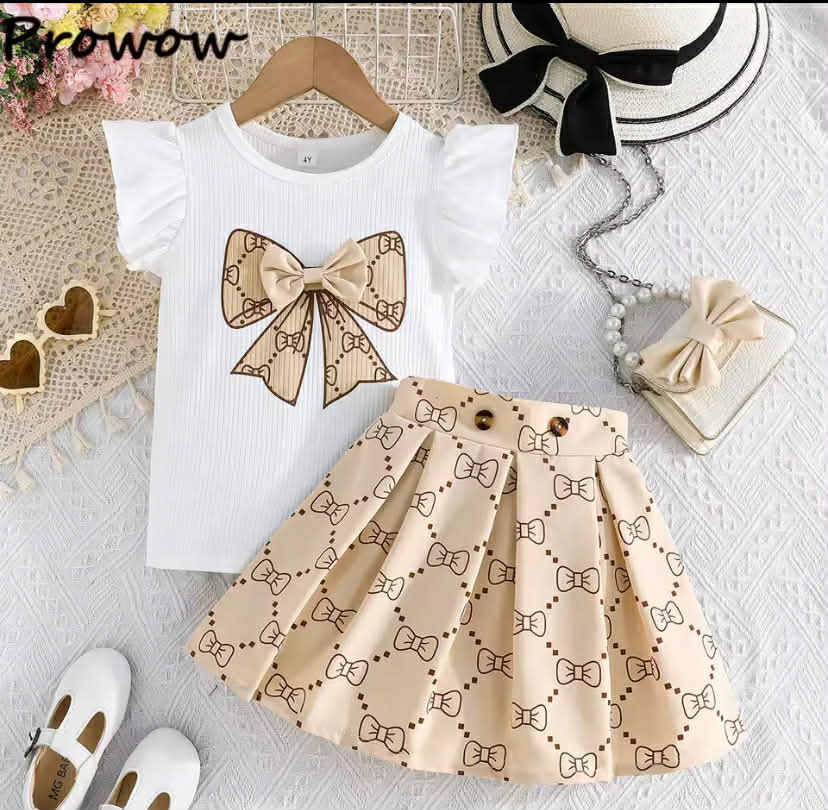 2 pcs Set Prowow Girl School Outfit Flutter Sleeve Front Bow T-shirt and Vintage Printed Skirt Summer