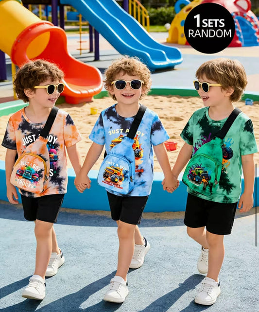 Boys Distribute 3 pcs, Boys' Casual Suit, Popular Print Short Sleeves And Shorts + a Small Bag, Comfortable Casual Clothing,