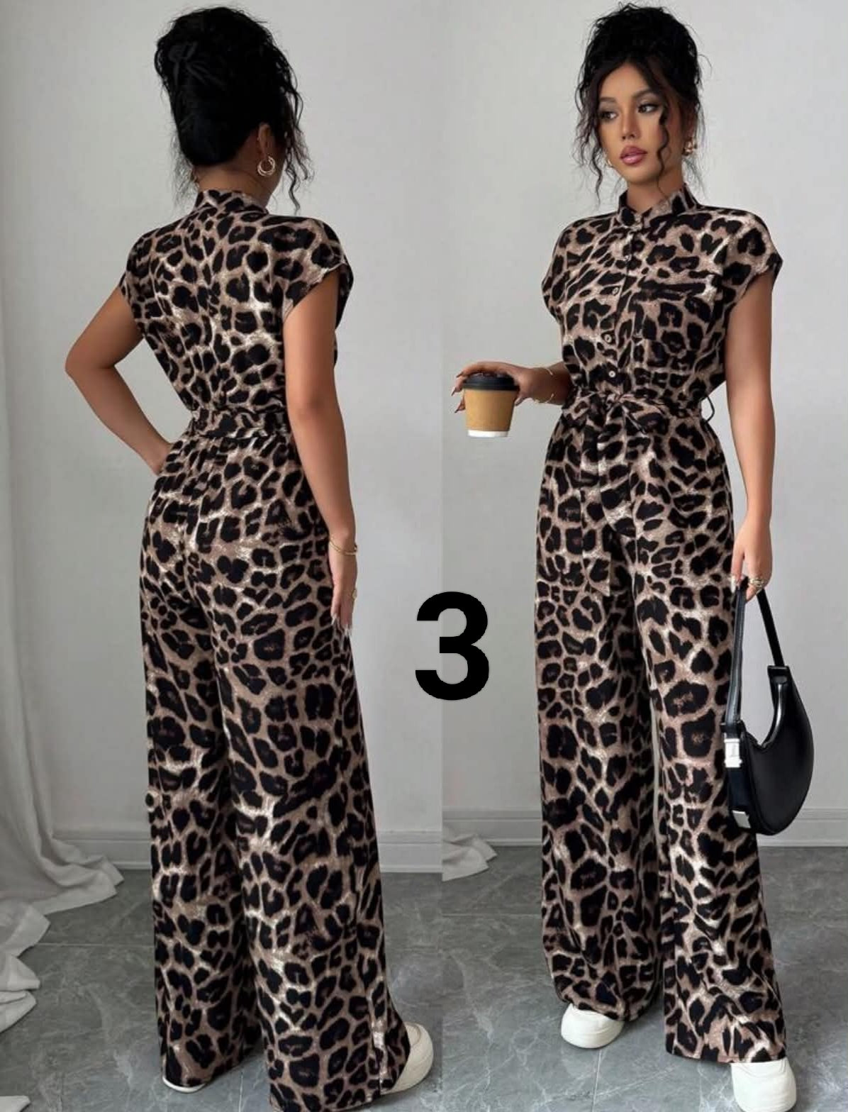 Women's Elegant Stand Collar Open Front Short Sleeve Waist Flared Leg Jumpsuit