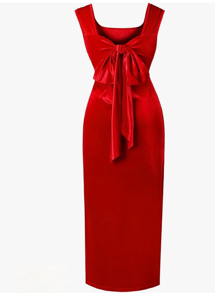 Women's Bow Tie Back High Slit Velvet Evening Gown