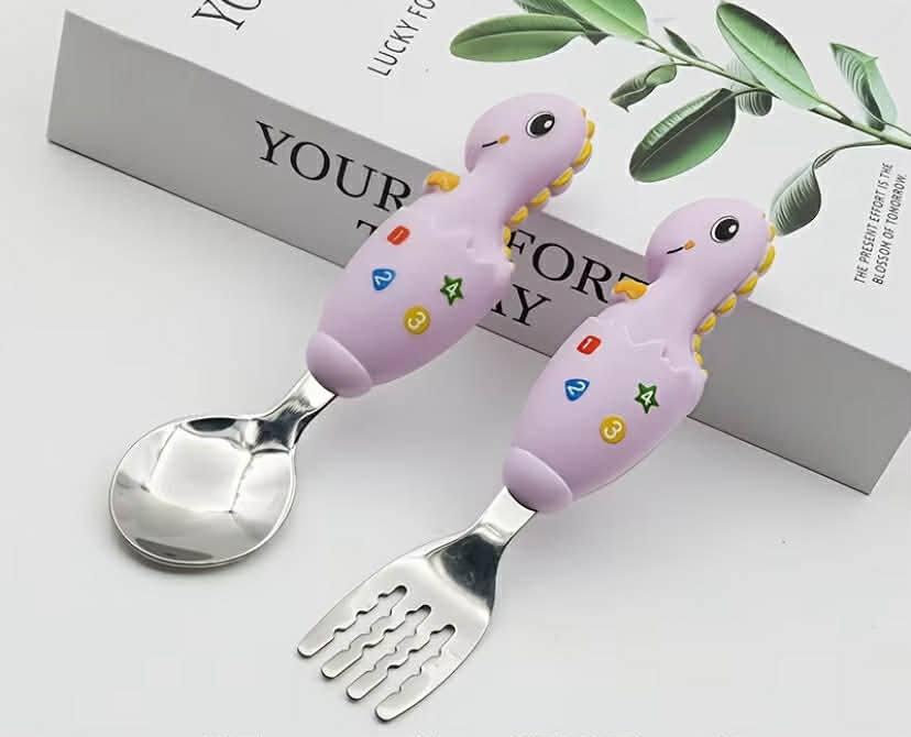 2 pcs Youngsters Dining Set - Stainless Steel Fork and Spoon with Colorful Dinosaur Handles, Kid-Friendly Metal Cutlery for Easy Mealtime