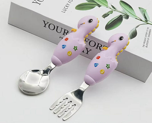 2 pcs Youngsters Dining Set - Stainless Steel Fork and Spoon with Colorful Dinosaur Handles, Kid-Friendly Metal Cutlery for Easy Mealtime