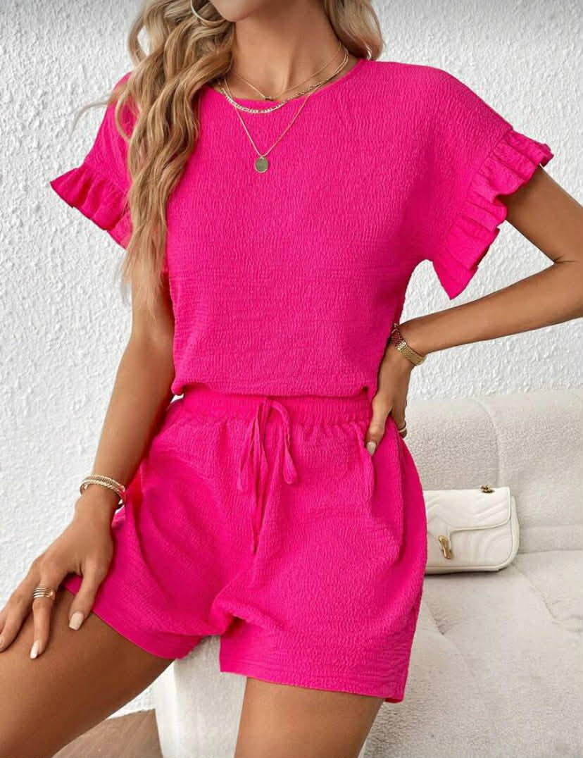 Essnce 2 pcs Women Short Sleeve Top & Elastic Waist Shorts Set
