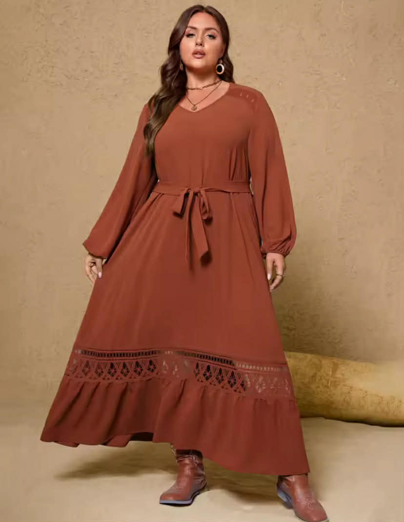 Plus Size Women's Brown V-neck Fashion Casual Dresses Belt