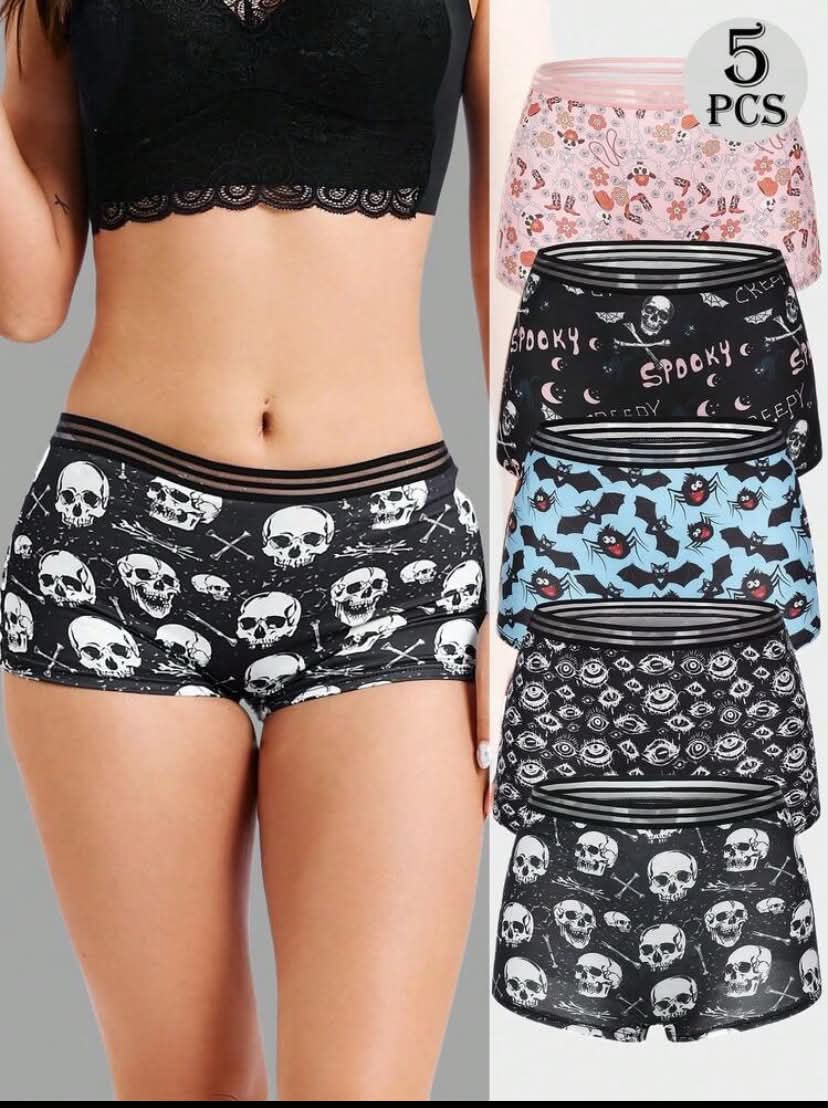 5 pcs Women Gothic Skull Print Contrast Binding Boyshorts, Comfy Elasticated Waist Intimates Panties, Women's Lingeries & Underwear