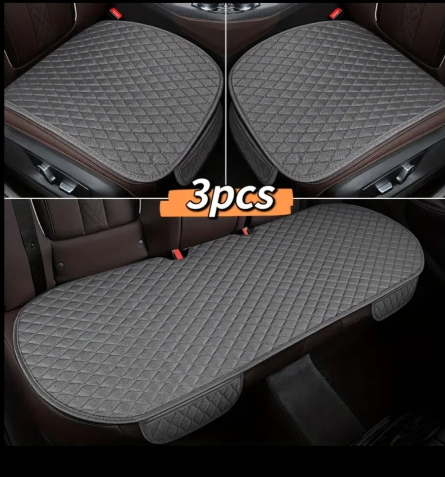 Linen Texture Car Seat Cushion 3pcs Set with Small Rhombus Embroidery, Universal All-Season Cushion with Storage Pocket, Includes 2 Front Seat Cushions and 1 Rear Seat Long Cushion, 3pcs Seat Cushion Set