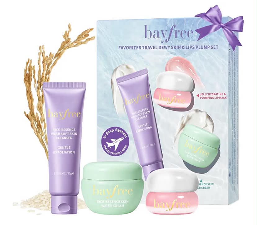 bayfree Favorites Travel Dewy Skin & Lips Plump Set, Hydrating Korean Skin Care Set with Rice-Essence Wash, Water Cream & Lip Mask, Gentle Skincare Gift Set for Girls Women, for Soft, Glowing Skin