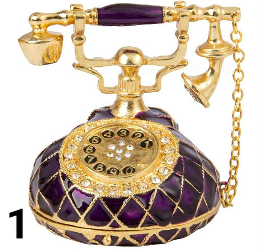 Vintage Purple Telephone Style Metal Trinket Box With Rich Enamel And Sparkling Rhinestones