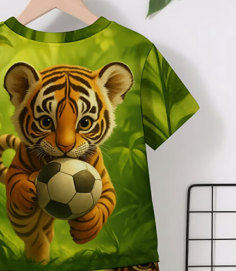 Boys' Creative Green Cartoon Tiger Football 3D Print Design, Short-Sleeve Pullover Shirt and Sports Shorts Set, a Suitable Clothing Gift for Children. Made with Comfortable Fabric, Ideal for Summer, This 2pcs Casual Sportswear Set Is Perfect
