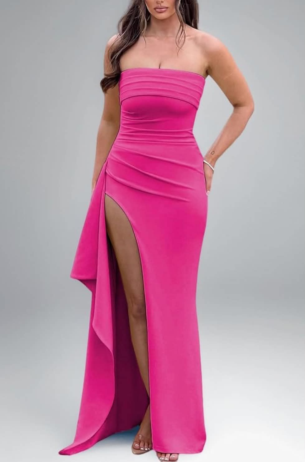 Womens Strapless Maxi Dress with Irregular Hem High Slit Ruched Elegant Evening Party Casual Long Dresses
