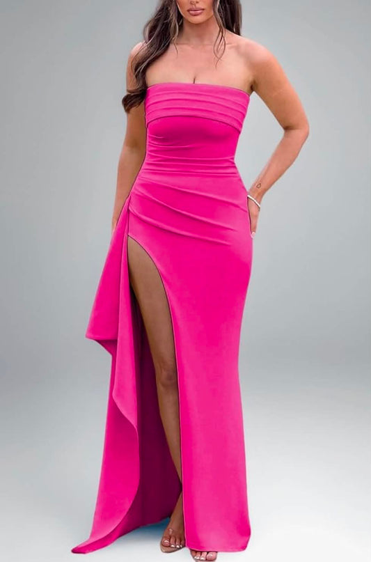 Womens Strapless Maxi Dress with Irregular Hem High Slit Ruched Elegant Evening Party Casual Long Dresses