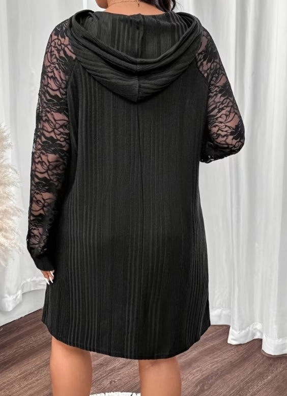 Elegant Special Solid Color Hooded Drawstring Lace Splicing Plus Size Women's Dress