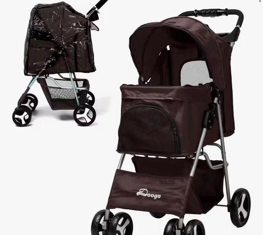 Foldable Pet Stroller With Rain Cover, Portable Foldable Outdoor Walking Cart with Large Space, Hand-Pull Design,