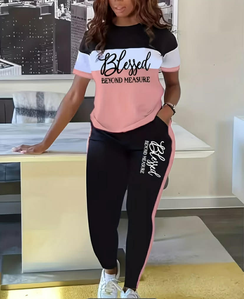 Women's 2 pcs Set, Casual Clash Color Round Neck Short Sleeve T-shirt and Pants Set, Pants with Pockets