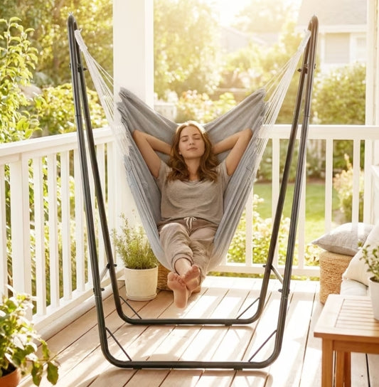 Heavy-duty Hammock Chair w/ Stand, Swing Chair w/Sturdy Metal Frame, Storage Pocket, Quality Fabric, No Beam Design, Indoor Outdoor Hanging Chair for Living Room, Patio, Yard,