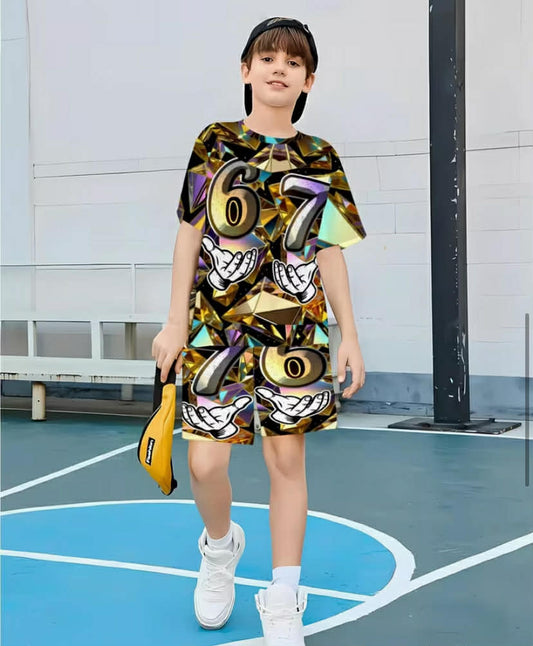 67 Set  Short-Sleeve And Shorts 2 pcs Set with a Golden Graffiti Style, for Outdoor, Perfect for Outdoor