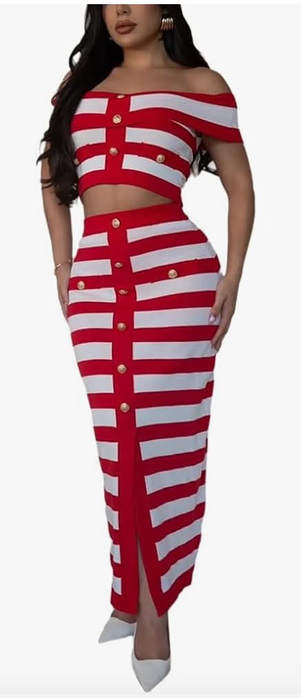 Women Skirt Set Slim Sexy Striped Clashing Color One Shoulder Short Top Stretchy Package Hip Long Skirts Sets