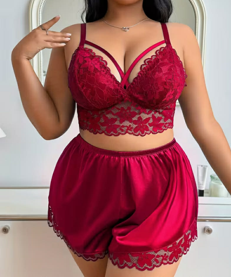Plus Size Contrast Lace Patchwork Wire-Free Comfort Bra and Panty Set