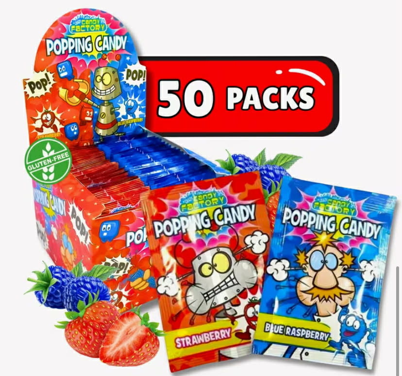 Crazy Candy Factory Popping Candy – Crunchy & Fizzing Confectionery Treat Fun & Flavorful Snack for All Ages 50 x 7g packs Strawberry & Blue Raspberry