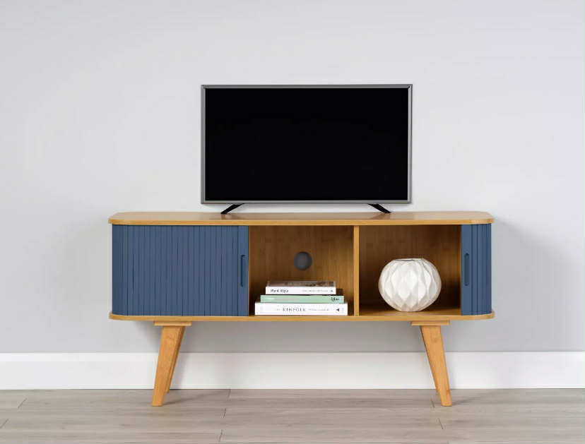 Bamboo TV Stand with Dark Blue Sliding Doors