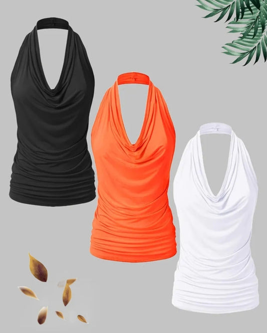 New Fashion Women'S Casual Solid Color Halter Plus Size Vest 3 pcs Set