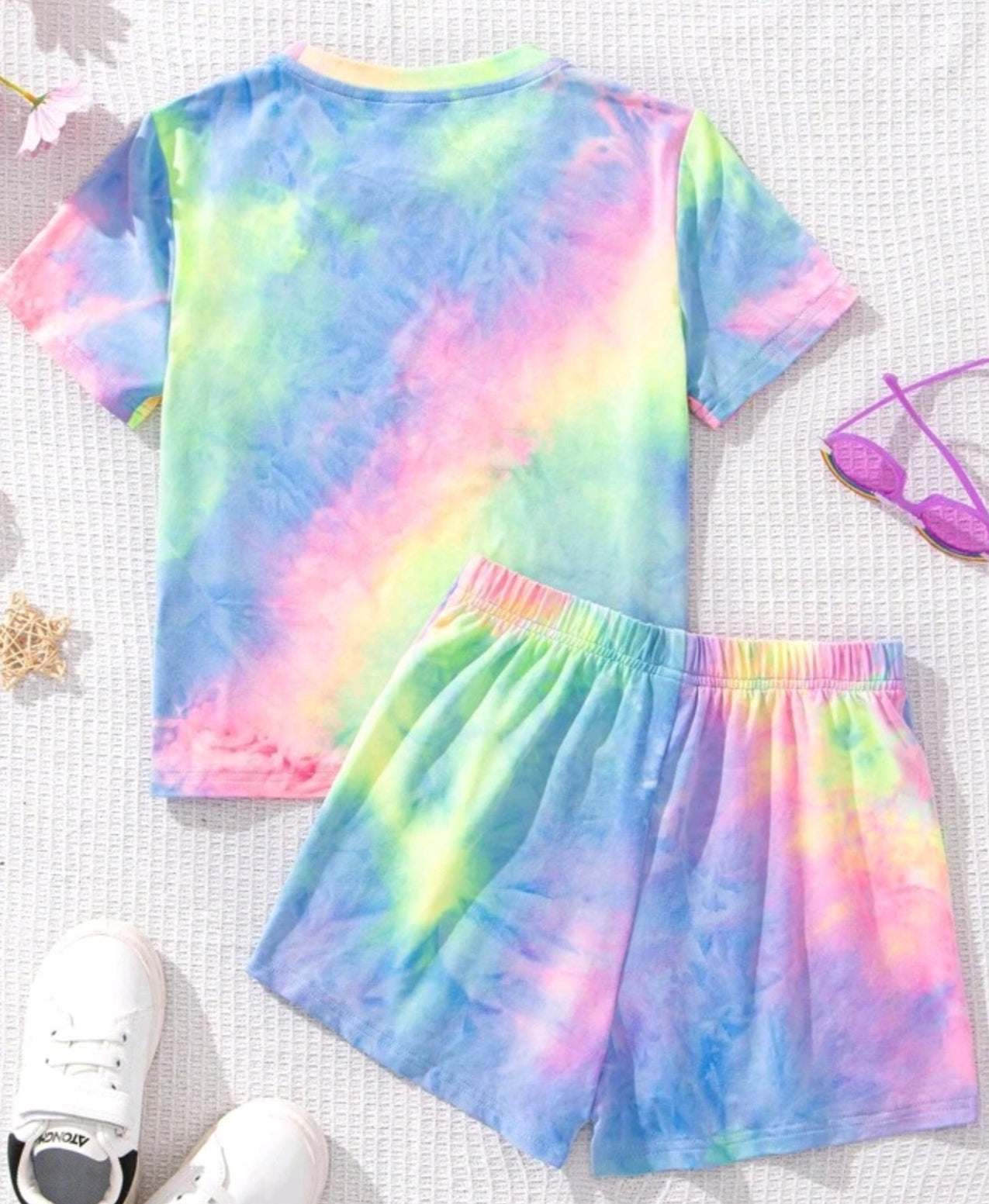 2-Piece Set Blue Rabbit Pattern, Fresh Tie-Dye, Tween Girl Casual Minimalist Short Sleeve Shorts
