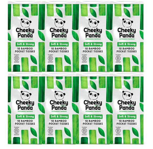 The Cheeky Panda Bamboo Pocket Tissues, 8 Pack of 10 Hypoallergenic Tissues, Ultra Soft, 3-Ply, White, Travel Size
