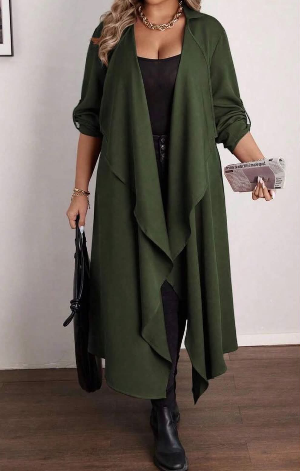 Women Plus Size  Long Jacket Elegant Office Evening Formal Hiking Casual Waterfall Collar Draped Cardigan Autumn Asymmetrical Hem