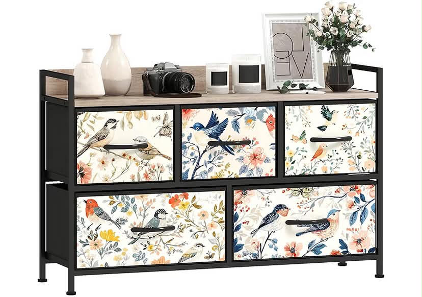 Chest of Drawers, Fabric Dresser with 5 Drawers, Open Shelf and Steel Frame for Living Room, Hallway, White