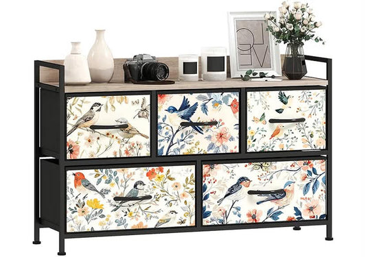 Chest of Drawers, Fabric Dresser with 5 Drawers, Open Shelf and Steel Frame for Living Room, Hallway, White