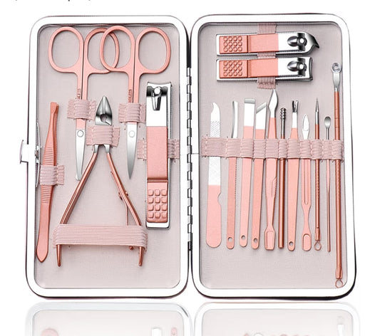 Manicure Set Professional Nail Clippers Kit Pedicure Care Tools (Pink-18pcs)
