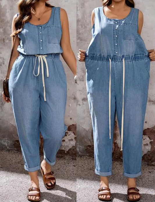 Plus Size Sleeveless Denim Jumpsuit, Button Front Drawstring Waist Rolled Cuff Ankle Length Overalls With Pockets