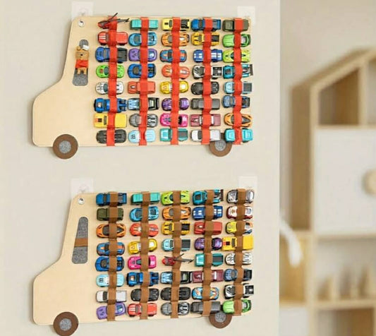 Kids Racing Car Organizer - Large Capacity Hanging Storage With Beige Racing Strip Background, Fabric Toy Garage