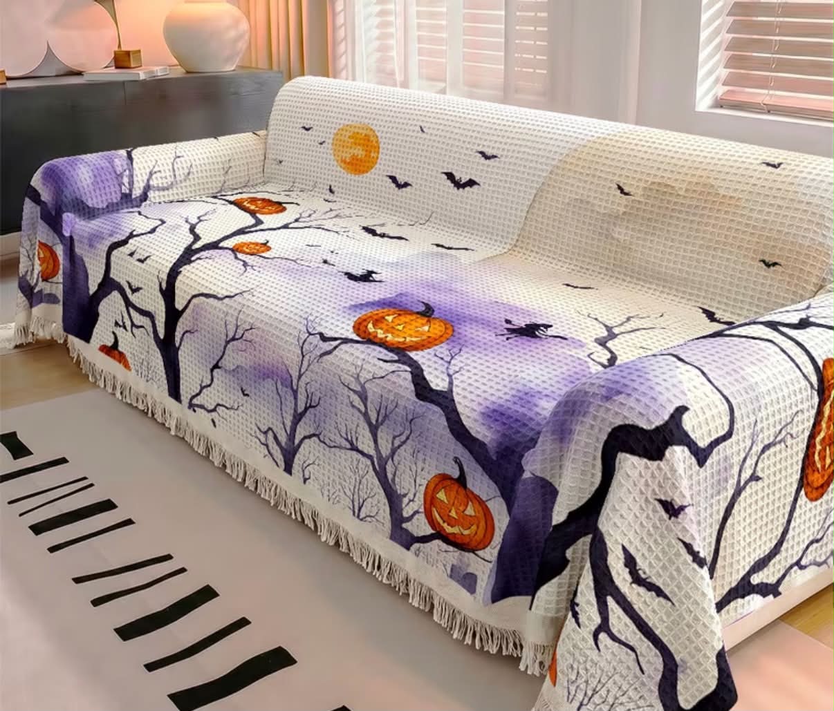 1pc  Printing Halloween Pumpkin Moon Bat Pattern Waffle Sofa Towel, All-Season Sofa Pad All-In-One Sofa Cover with Tassels, Sofa Protector, Suitable for 1-4 Seater Sofas