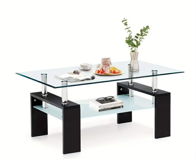 Modern Rectangle Tempered Glass Coffee Table with Lower Shelf - & Chrome Metal Frame & Wood Support, Space-Saving Design