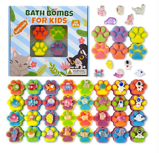 32PCS Bath Bomb for Kids, Paw Bath Bombs with Surprise Sea Animal & Space Astronauts Toy Inside, Organic Natural Bubble Bath Bombs with Gift Tin Box,