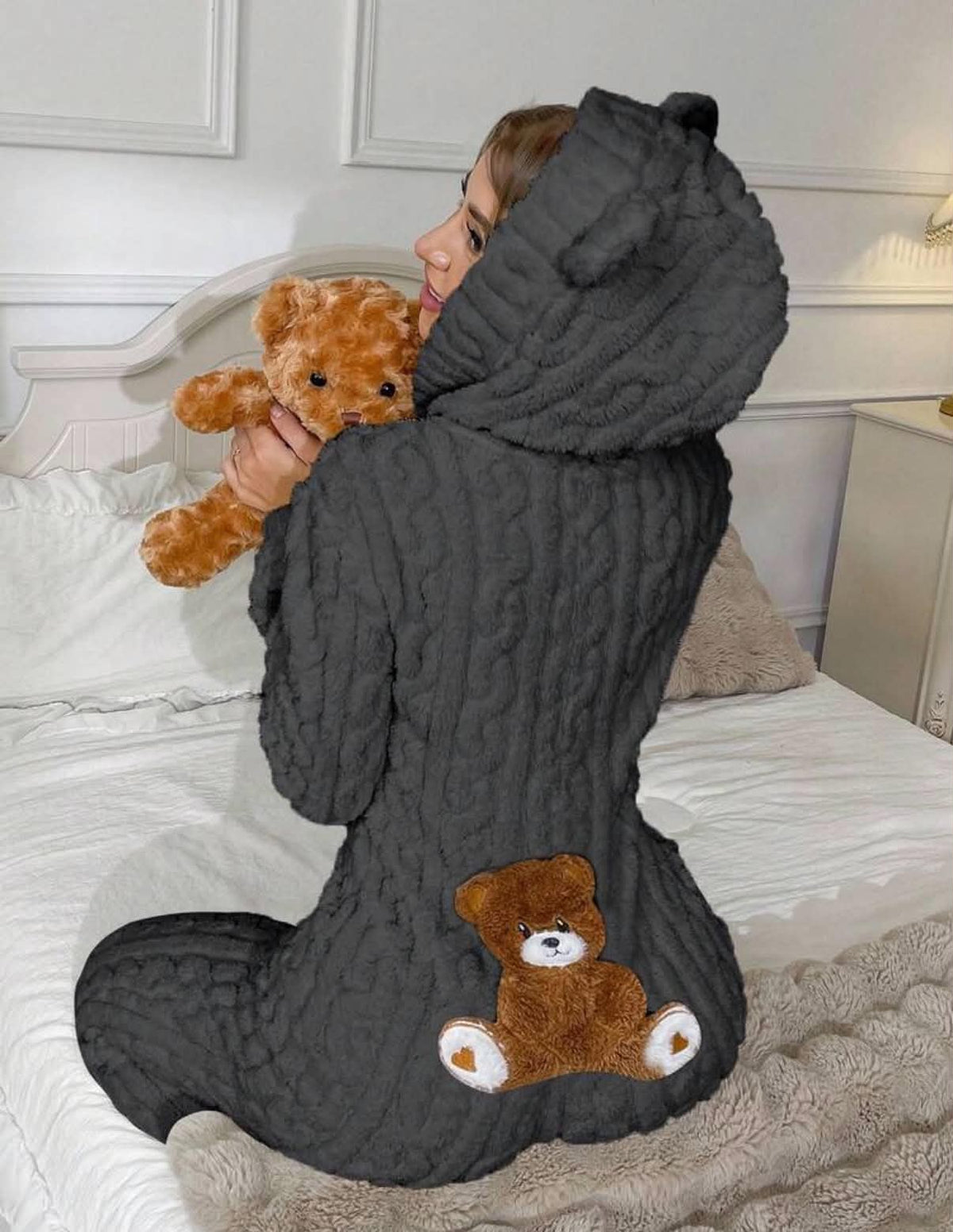 Dream Adore Women's Animal Cute Teddy Bear Embroidery Jacquard Plush Hooded Fluffy Pajama Jumpsuit.