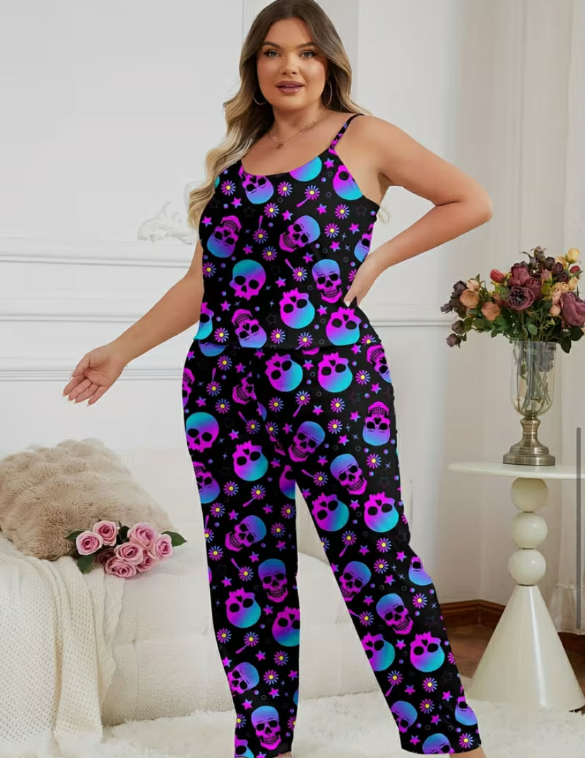 Women's Sexy Black Plus Size Pajama Set Loose Casual Comfortable Soft Pants
